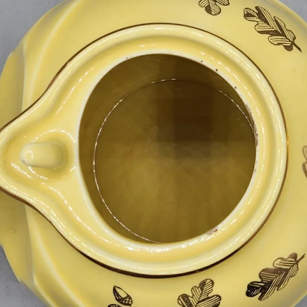 Vtg HALL Teapot Yellow 6 Cup 0799 Made in USA Art Deco Gold Trim Autumn Leaves